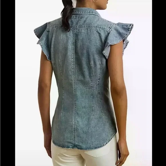 Ralph Lauren Blue Denim Ruffle Blouse - Picture 2 of 9